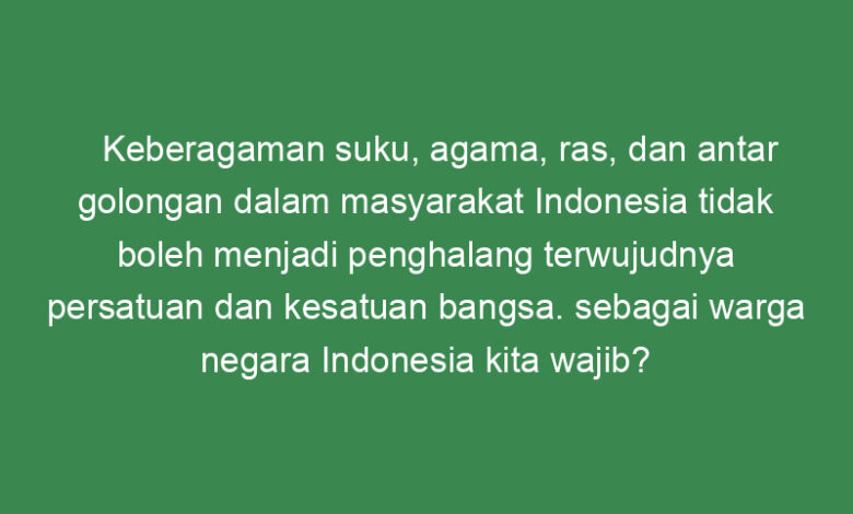 keberagaman suku agama ras dan antar golongan dalam masyarakat indonesia tidak boleh menjadi penghalang terwujudnya persatuan dan kesatuan bangsa sebagai warga negara indonesia kita wajib